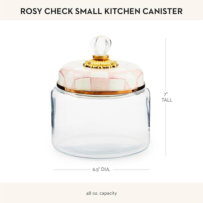 MACKENZIE-CHILDS Rosy Check Kitchen Canister, Decorative Pink-and-White Glass Storage Jar with Lid, Small