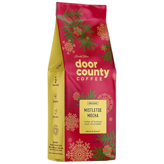 Door County Coffee Mistletoe Mocha Flavored Coffee Ground - 8 oz Bag - Holiday Seasonal - Medium Roast - 100% Specialty Arabica - Dark Chocolate Flavor