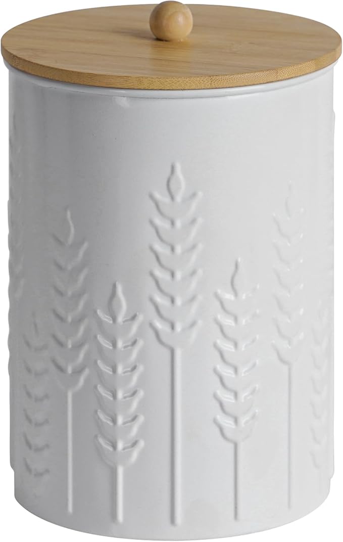 Kitchen Canister Set of 3 Tea Coffee Sugar Containers with Airtight Bamboo Lids Food Flour Storage for Countertop Metal White Ear of Wheat Pattern Embossed Farmhouse Decor