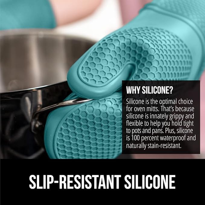 GORILLA GRIP BPA-Free Soft Silicone Oven Mitts, Heat Resistant and Waterproof Cooking Gloves, Thick Cotton Lining, Flexible Gripping for Baking Grilling, Kitchen Potholders Set, 12.5x8.3, Turquoise