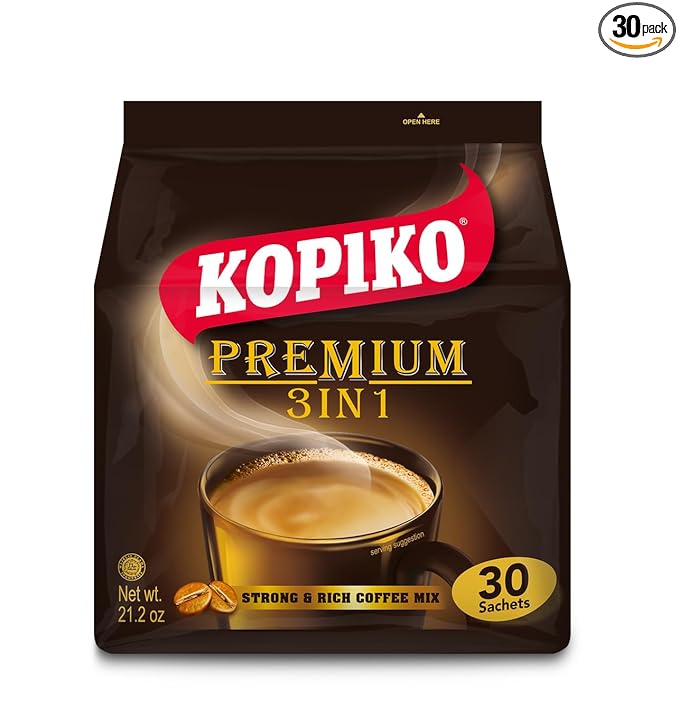KOPIKO Premium 3 in 1 Instant Coffee Mix – Authentic Indonesian Volcanic Coffee, Strong Yet Smooth, Pre-Mixed with Creamer & Sugar (21.2 OZ in 30 Coffee Sachets)