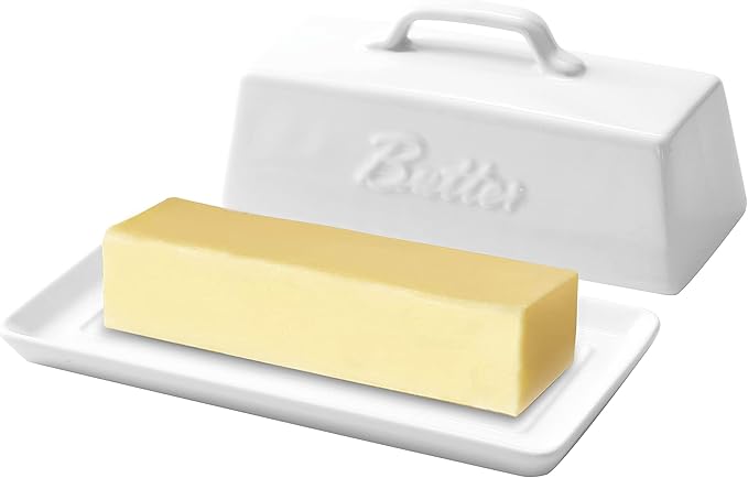 Bruntmor Ceramic Butter Dish With Lid. Butter Holder/ Tray/ Storage With Lid And Handle. Porcelain Butter Keeper For Countertop. Butter Dish With Cover In White Color.