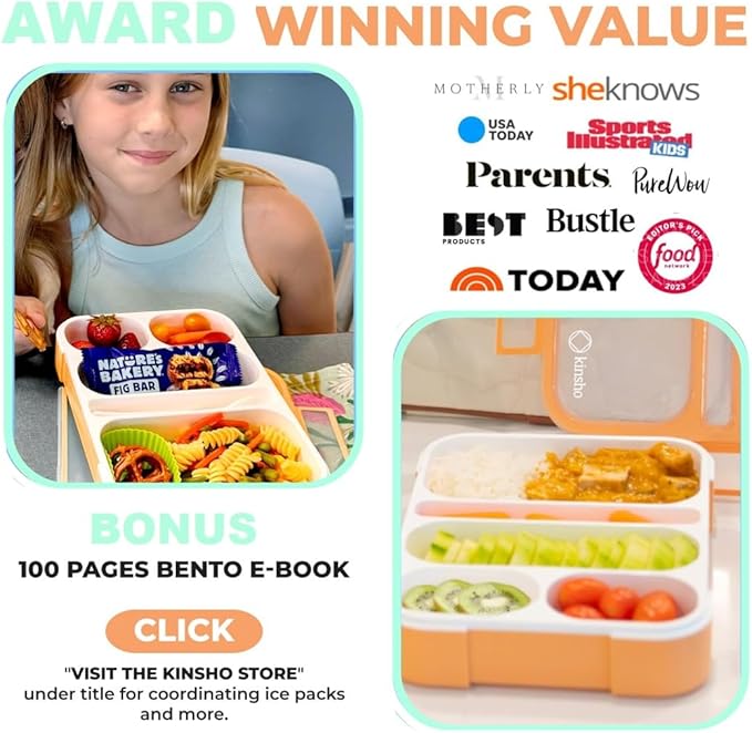 Kinsho Bento Box for Adults and Kids, Leakproof Lunch-Boxes with Custom Fit Spoon and Fork, Portion Control Container, BPA Free, Green + Orange, 5 Compartments, 2 Pack