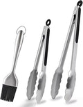 Stainless Steel Kitchen Tongs & Basting Brush Set – Heat Resistant Up to 600°F, Metal Locking Tongs for Cooking, Grilling, Baking & Barbeque (Silver, 9+12 inch)