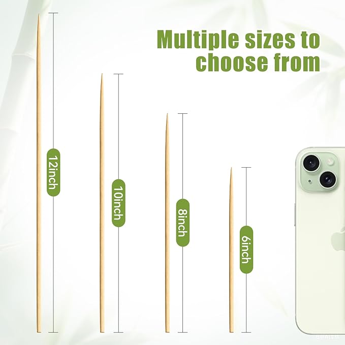 200PCS 6 inch Bamboo Skewers for BBQ,Appetizer,Fruit,Cocktail,Chocolate Fountain,Kitchen, Grilling,Crafting and Party. More Size Choices 6"/8"/10"/12"/36"