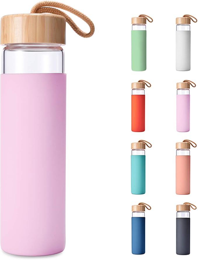 20 Oz Borosilicate Glass Water Bottles with Silicone Sleeve BPA Free, Dishwasher Safe - Reusable Clear Glass Drinking with Leak Proof Bamboo Lid | Perfect Gym Water Bottles for Men & Women