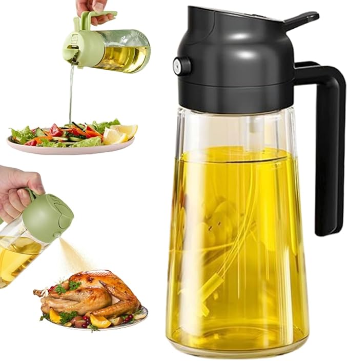 Olive Oil Sprayer Mister for Cooking,2 in 1 Olive Oil Dispenser Bottle for Kitchen,17oz Oil Sprayer for Cooking,Premium Glass Oil Mister Bottle for Air Fryer,Barbecue,Salad,Frying,BBQ (Black 1 Pack)