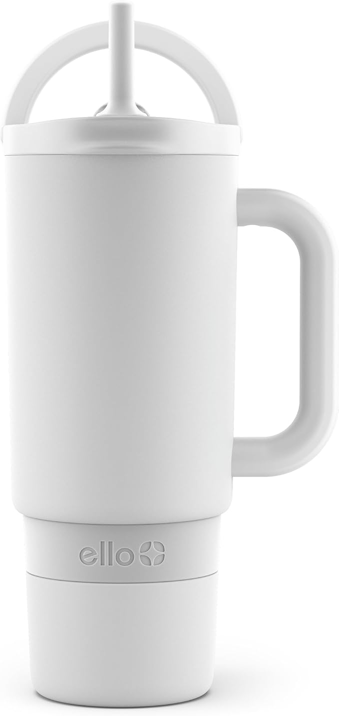 Ello Port 30oz Tumbler with Carry Loop & Integrated Handle | Vacuum Insulated Stainless Steel Reusable Water Bottle Travel Mug | Leak Proof Lid | Flexible Straw | BPA-Free | Dishwasher Safe | White
