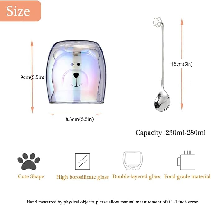 Cute Mugs Double Wall Glass Coffee Glass Cup Kawaii Bear Tea Milk Cup Funny Mug Animal Mug Aesthetic Cup for Office and Personal Birthday Gift (Iridescent Bear)