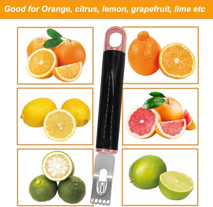 Channel Knife, 2 in 1 Lemon Peeler Zester Cocktail Garnish Citrus Zester 5 Baldes Ultra Sharp Lemon Rind Twist Peeler Stainless Steel Bar Tool Professional Grade Bar Accessory (Rose Gold)