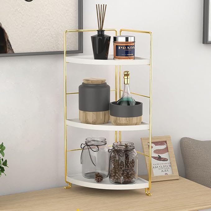3-Tier Kitchen Spice Rack , Standing Rack,Triangle Bathroom Countertop Storage Shelf ,Cosmetic Organizer Holder , Stackable Cabinet Organizer , Kitchen Counter Shelf , Corner Spice Rack ,Golden