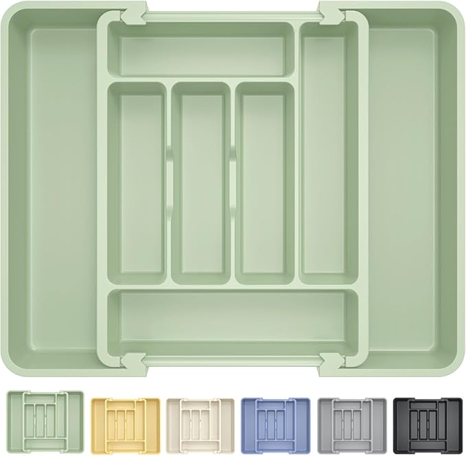 Caperci Large Silverware Organizer for Kitchen Drawer & Utensils - Expandable Drawer Organizer for Cutlery, Flatware & Gadget, BPA-Free Thick Plastic, Wider Compartments & Non-skid Feet (Sage Green)
