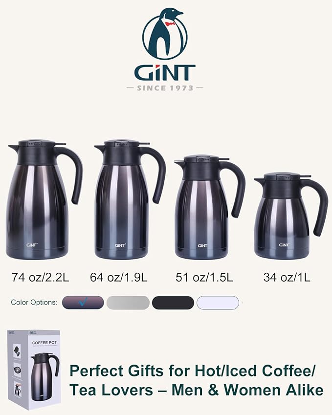 GiNT 51Oz Stainless Steel Thermal Coffee Carafe with Lid/Double Walled Vacuum Thermal Carafe / 12 Hour Heat Retention (Purple, 1.5L)
