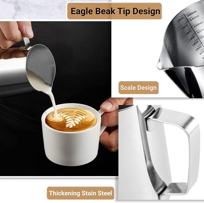 Milk Frothing Pitcher, 590ml/20oz Milk Frother Cup Stainless Steel Jug Steaming Pitcher, Milk Coffee Cappuccino Latte Art Barista Steam Pitchers Milk Jug Cup with 1 Pcs Decorating Pen