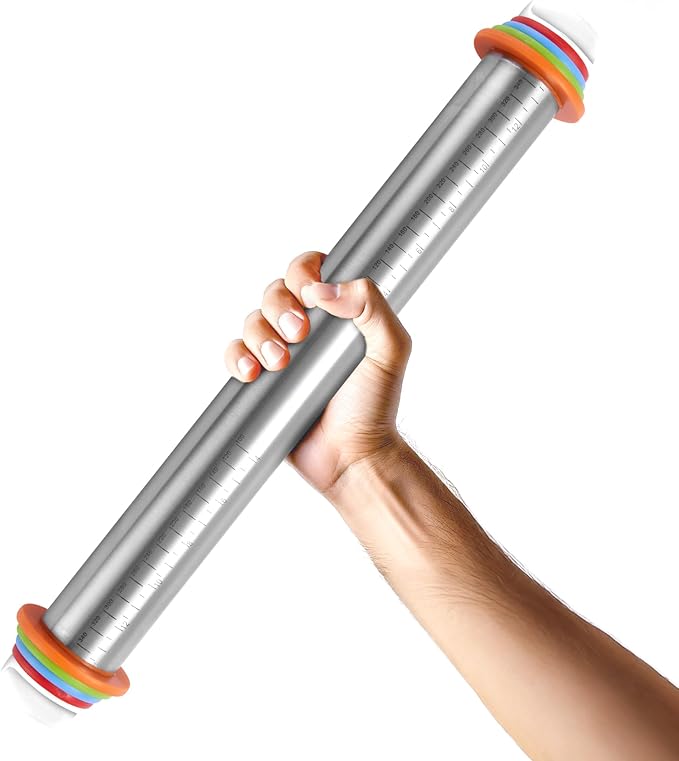 17 Inch Adjustable Stainless Steel Rolling Pin with 4 Thickness Rings & Non-Stick Pastry Mat – Professional Dough Roller for Pizza, Cookies, Pasta & Pies - Red