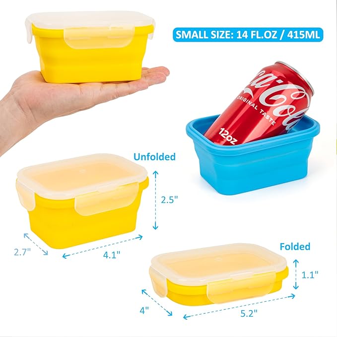 Reusable Silicone Snack Sontainers with Lids, 14oz, Small Collapsible Food Storage Containers for Meal Lunch Small Portion, Stackable, Space Saver for RV, Travel, Microwave Dishwasher Safe, 6 Pack