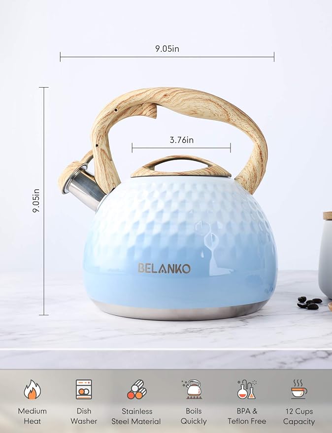 BELANKO 2.7 Quart Tea Kettle for Stovetop - Food Grade Stainless Steel with Diamond Texture, Designer Teapot Look, Cool-Touch Wood Pattern Handle, Whistling Spout - Gradient Blue