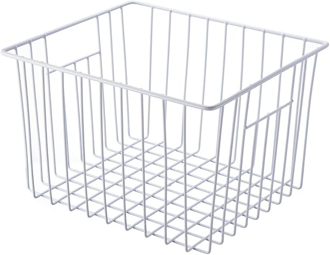 SANNO Freezer Baskests Organizer Bins, Freezer Wire Storage Basket Refrigerator Storage Baskets Bins Organizer with Built-in Handles for Cabinets, Pantry, Closets, Bedrooms - Set of 2 White