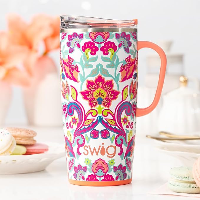 Swig Life 22oz Travel Mug, Insulated Tumbler with Handle and Lid, Travel Coffee Mug, Cup Holder Friendly, Stainless Steel 22 oz Tumbler, Reusable Insulated with Lid (Flourish)