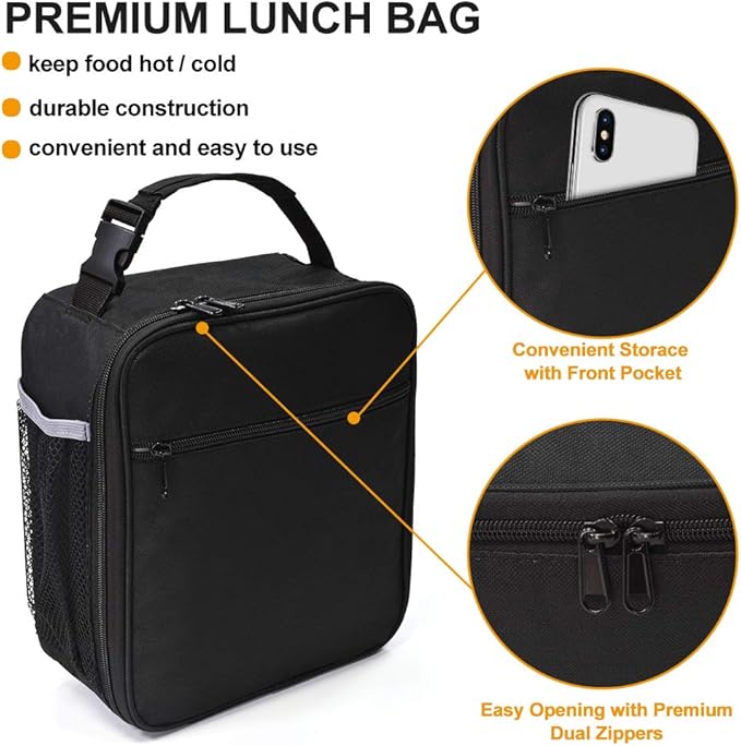 Insulated Lunch Bag, Leakproof Portable Lunch Box for Women Men Boys Girls, Large Capacity Cooler Bag with Handle and Bottle Pocket for Office School Camping Hiking Outdoor Beach Picnic (Black)