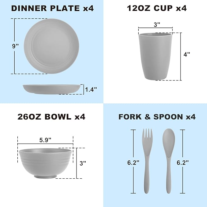 Dinnerware Sets 20 PCS, Wheat Straw Plates and Bowls Sets Service for 4, Microwave Dishwasher Safe Kids Tableware Set, Unbreakable Reusable Plastic Plates Set for Kitchen Office Travel Camping - Gray