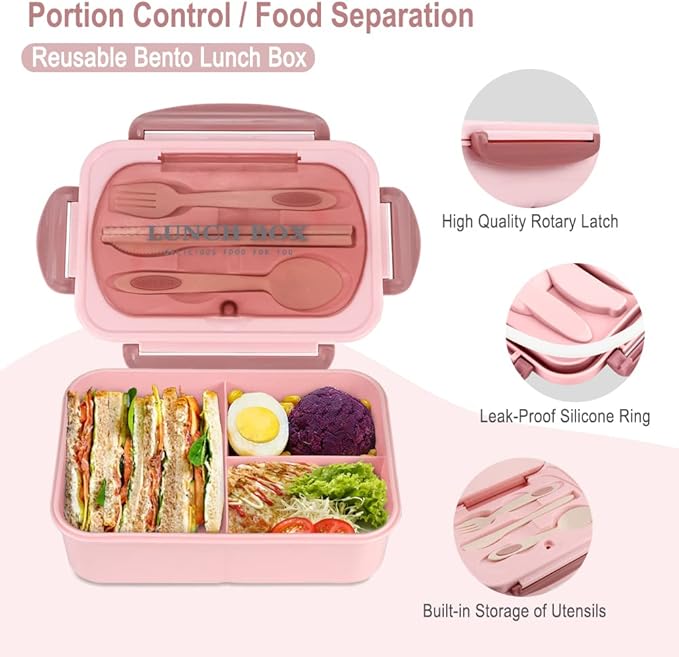 NatraProw Bento Box for Adult, 1200 ML Lunch Containers for Adults, LeakProof Lunch Box with Utensils, BPA Free, 3 Compartment Bento Box Microwave Safe, Pink