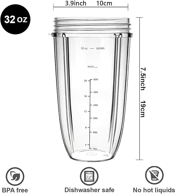 Upgrade Blender Cup and Blade Fit for Nutribullet 600w/900w, Replacement Parts 32oz Cup and Extractor Blade, Blender Accessories (2 Pcs)