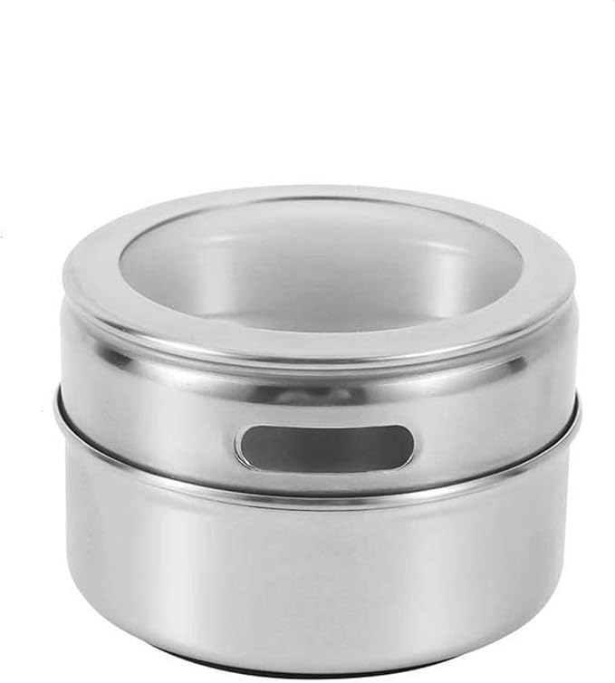 Beeyoka Magnetic Spice Jars,12 Pcs Stainless Steel Spice Tins with Lid and Small Holes for Sprinkle Rust Free Easy to Clean Includes 94 Labeling Stickers
