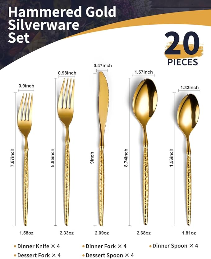 Lemeya 20-Piece Hammered Gold Silverware Set,18/10 Stainless Steel Forging Heavy Duty Cutlery Set for 4, Luxury Unique Flatware Set,Spoons and Forks Set,Mirror Polished,Dishwasher Safe
