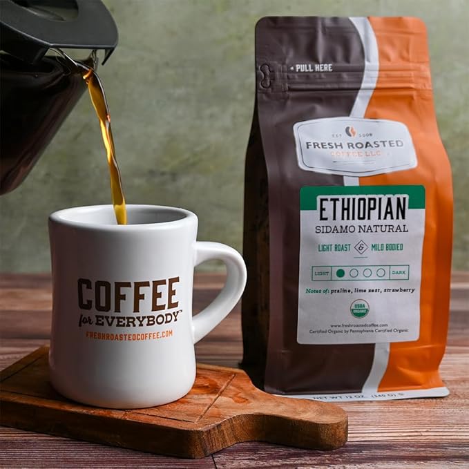 Fresh Roasted Coffee, Organic Ethiopian Sidamo Natural | USDA Organic, 100% Single Origin, Kosher | Light Roast 12 oz Whole Bean