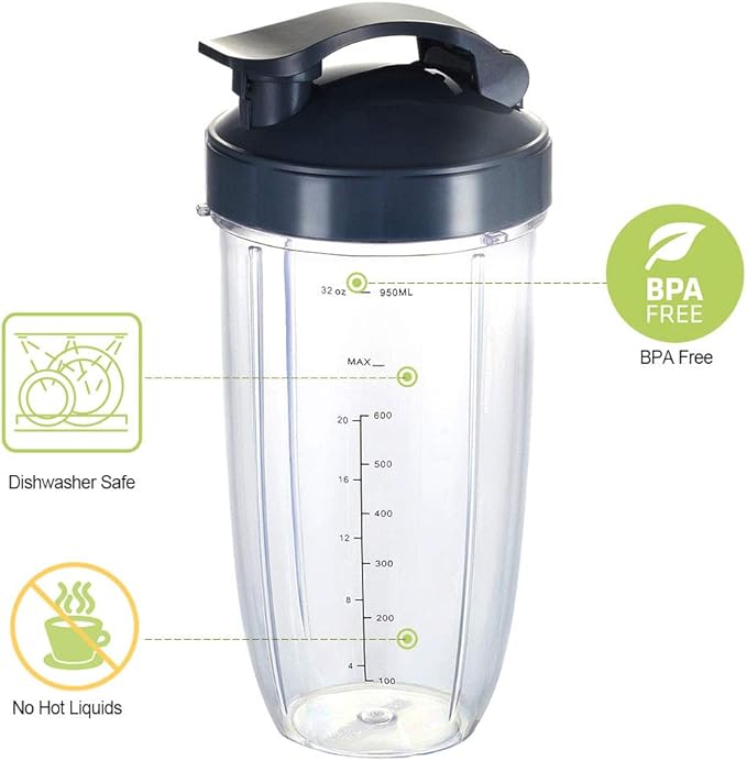 Upgrade Blender Cups Fit for Nutribullet 600w/900w, Replacement Parts 32oz Cups with Flip-Top To-Go-Lids, Blender Accessories (2 Pack)