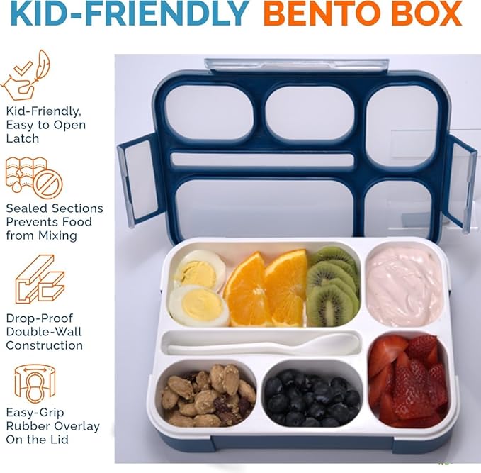 Bento Lunch Box Kids, Leakproof Lunch Containers for Boys Girls Adults with 6 Compartments - School, Daycare, Meal Planning Portion Control Container, BPA-Free Boxes, Utensils, Navy Blue