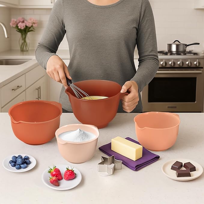 Glad Mixing Bowls with Pour Spout, Set of 4 - Nesting Plastic Bowls (1.2qt, 1.9qt, 2.8qt, and 3qt with Handle) - Non Slip Base, Dishwasher Safe Kitchen Cooking and Baking Supplies, Rust