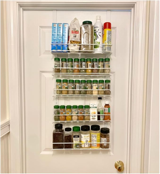 Evelots Over the Door Pantry Organizer -5 Tier Spice Rack -Holds up to 40 Spices & More - Adjustable Metal Baskets for Kitchen, Bathroom Storage & Organization (White) Easy Install Extra Deep Baskets