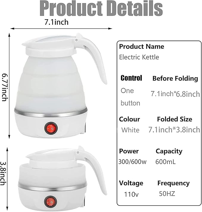 UpdateClassic Small Travel Foldable Electric Kettle, 0.6L Portable Collapsible Hot Water Boiler For Coffee Tea (White)