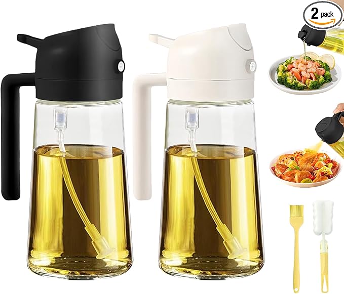 2pcs Oil Sprayer for Cooking, 16oz/470ml Oil Dispenser for Kitchen, 2 in 1 Olive Oil Dispenser Bottle for Kitchen Gadgets, Air Fryer, Salad, BBQ (Black, Ivory)