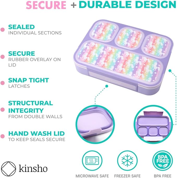 kinsho Bento-Box Lunch-Boxes for Kids, Girls, Lunch and Snack Containers for Toddler Daycare, School, Travel BPA-Free, 4 Divided Compartments Utensils (Purple Rainbow Unicorn, 2 Pack)