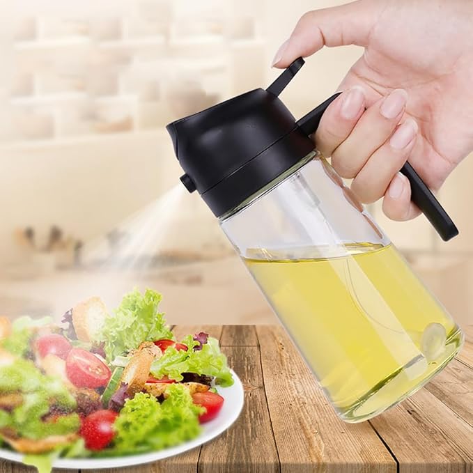 Olive Oil Sprayer Mister for Cooking,2 in 1 Olive Oil Dispenser Bottle for Kitchen,17oz Oil Sprayer for Cooking,Premium Glass Oil Mister Bottle for Air Fryer,Barbecue,Salad,Frying,BBQ (Black 1 Pack)