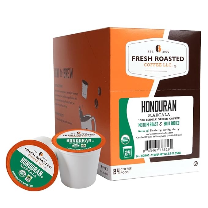 Fresh Roasted Coffee, Organic Honduran Marcala | USDA Organic, 100% Single Origin, Kosher | Medium Roast 24 Pods for K Cup Brewers