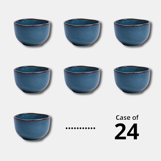 Organic Shape Restaurant Bouillon Cup 9oz, Commerical Grade Catering Stoneware Dip Bowls in Ir-regular Organic Shape, Chip & Scratch Resistant, Glossy Reactive Glaze Blue, Case of 24