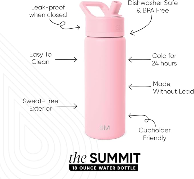 Simple Modern Water Bottle with Straw Lid Vacuum Insulated Stainless Steel Metal Thermos Bottles | Reusable Leak Proof BPA-Free Flask for School | Summit Collection | 18oz, Blush