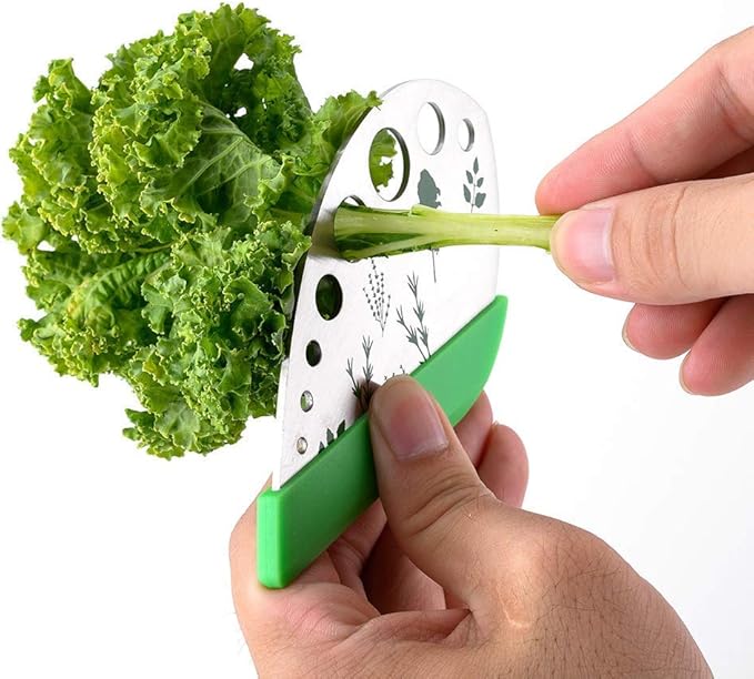 Leaf Herb Stripper, Stainless Steel Kitchen Herb Stripper Tool, 9holes, 2 in 1 design,Curved edge can be used as a kitchen knifefor Chard, Collard Greens, Parsley, Basil, Rosemary Herb, Taragon, Thym