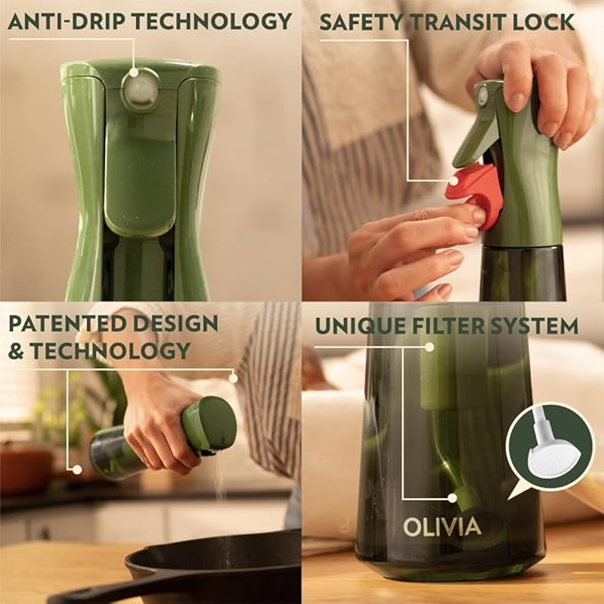 FLAIROSOL OLIVIA Oil Sprayer for Cooking, 200ml Glass Olive Oil Sprayer, Continuous Cooking Spray with Portion Control, Oil Dispenser for Kitchen, Air Fryer, Salad, BBQ (Green Bottle, Gold Print)