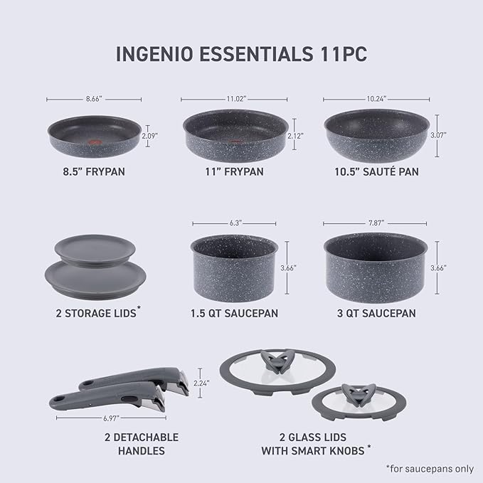 T-fal Ingenio Essentials Cookware Set with Detachable/Removable Handle 11 Piece, Granite Titanium Non Stick, Oven Broiler Safe 500F, Stackable, Pots and Pans Set, Frying Pans, Dishwasher Safe, Gray