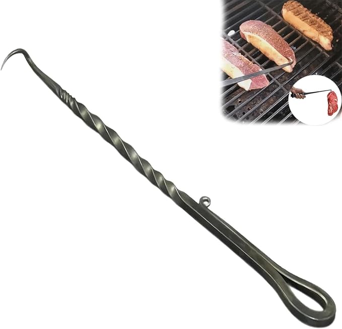 BBQ Turner Hooks, Meat Hook Flipper, Iron BBQF Turner Hooks, Flips Cooking Hooks, BBQ Food Flipper, for Grilling Smoking Frying, Long Handle Meat Hooks (Type B)