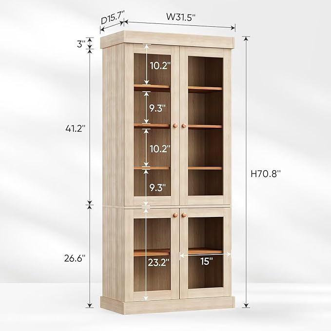 70.8" Bookshelf with Glass Doors, Farmhouse Modular Bookcase with 6-Tier Adjustable Shelves, Large Storage Cabinet for Living Room & Home Office, Brown