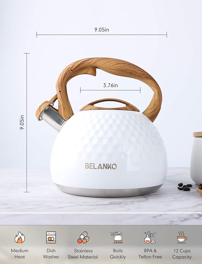 BELANKO 2.7 Quart Tea Kettle for Stovetop - Food Grade Stainless Steel with Diamond Texture, Designer Teapot Look, Cool-Touch Wood Pattern Handle, Whistling Spout - Gloss White