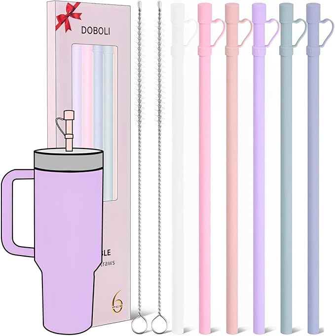 Reusable Replacement 12 inch Long Silicone Straw With Cover, Stocking Stuffers Gifts for Women Men Teens Girls Boys, Compatible with Stanley Tumbler Cup Accessorie 40 oz 30 oz (6 Pack)