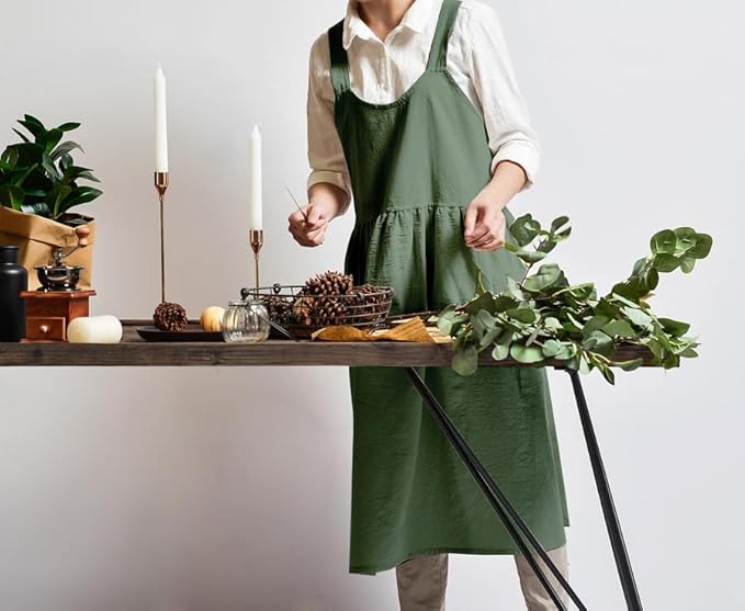 Uaussi Cotton Linen Apron Cross Back Work Apron for Women with Pockets Pinafore Dress X Cross Halter Apron for Chef Gardening