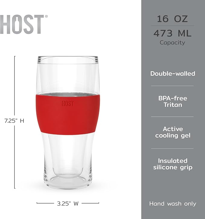 HOST FREEZE Beer Glasses, Frozen Brew Mugs, Freezable Pint Glass Set, Insulated Beer Glass to Keep Your Drinks Cold, Double Walled Insulated Glasses, Gift for Dad, 16oz, Set of 2, Crimson Red